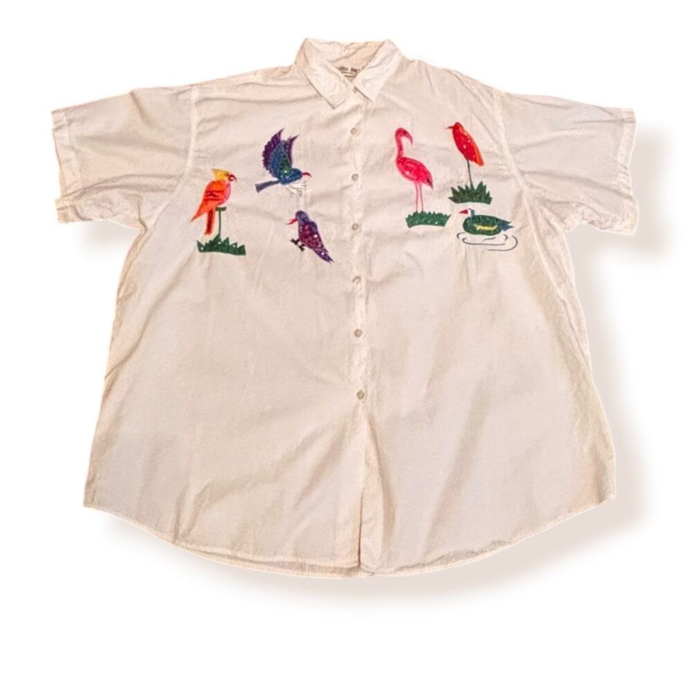 Vintage Bird Embroidered Cotton Shirt Tropical Flamingo Parrot Button Up Nature